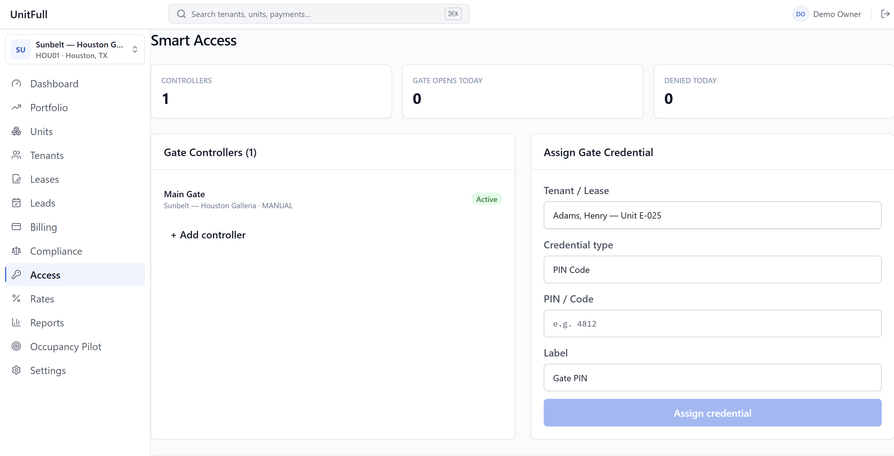 UnitFull access control wired to billing — a cleared payment unlocks the gate, delinquency suspends it