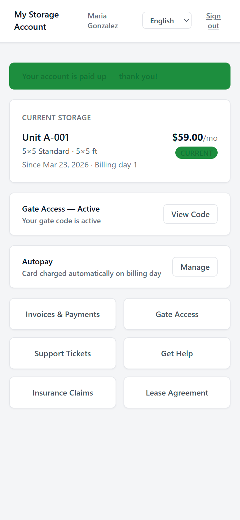 UnitFull tenant portal on a phone — storage summary, gate access, autopay, and self-service tiles