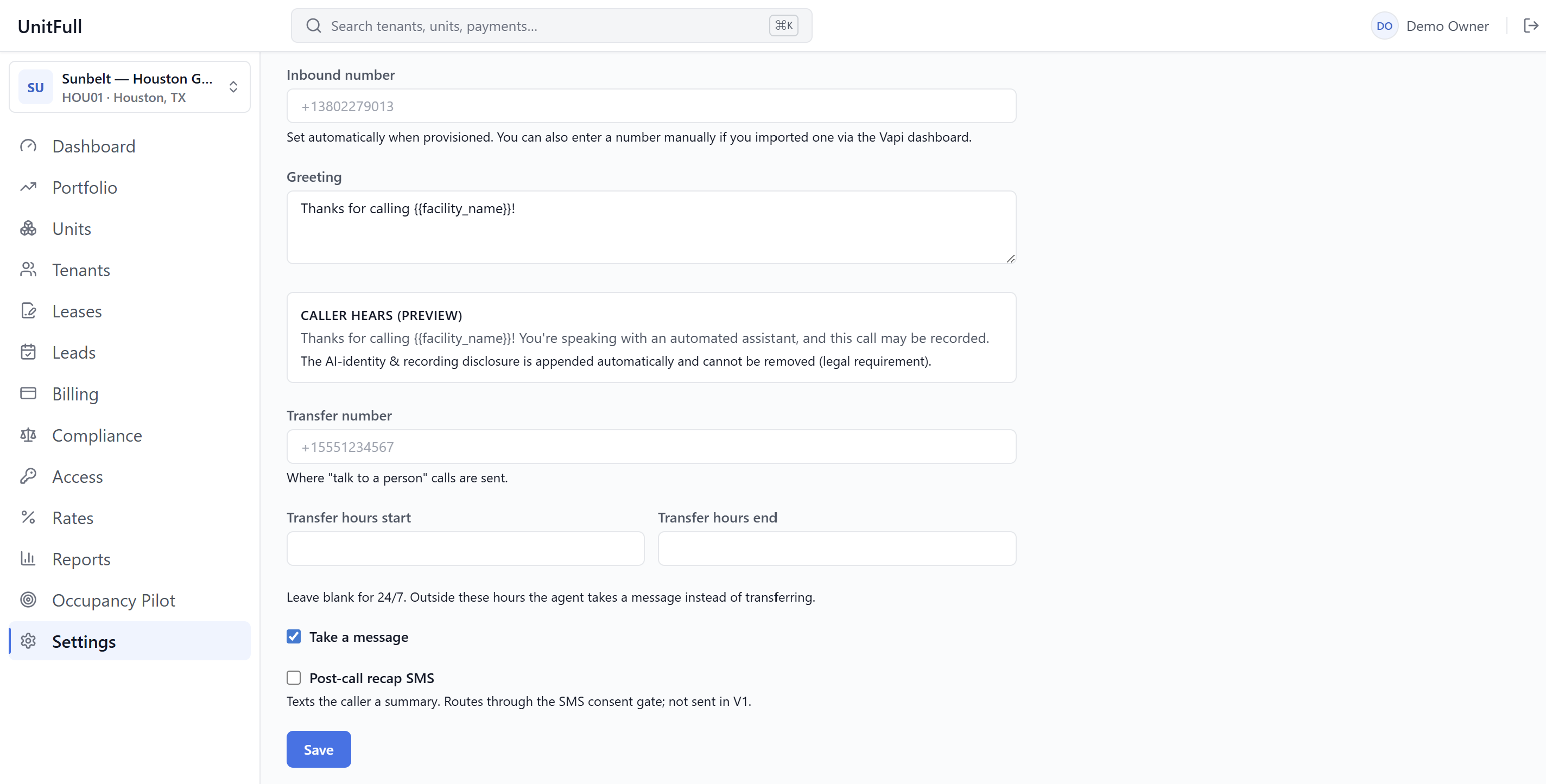 UnitFull AI voice agent quoting live availability and texting a secure payment link