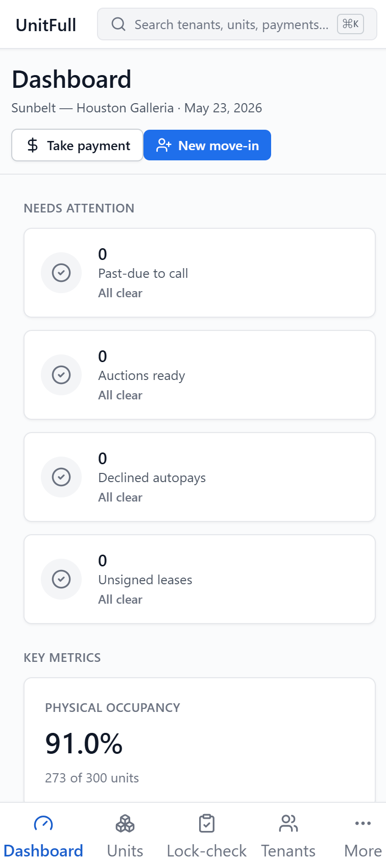 UnitFull operator tools on a phone — offline lock-checks and the alerts that matter